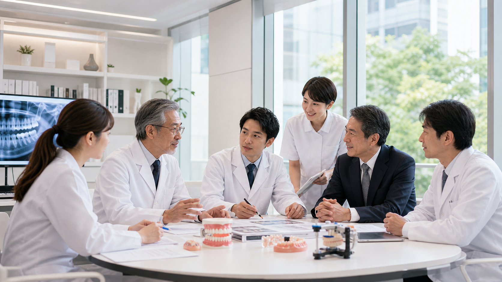 矯正歯科医が資料を囲み意見交換する様子